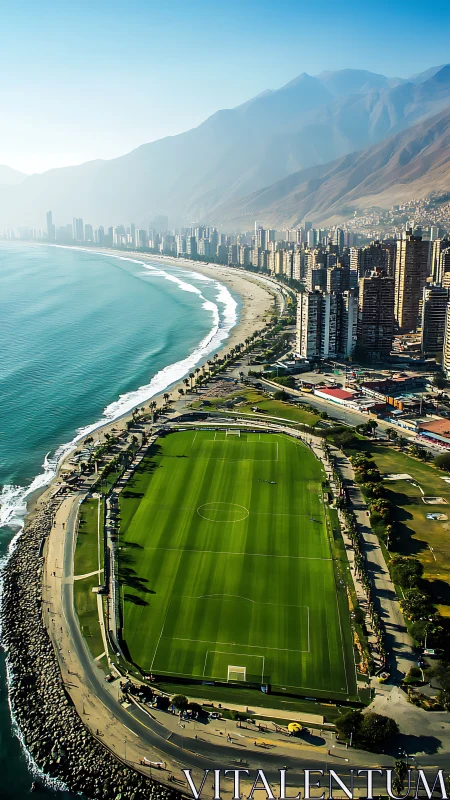 Coastal football stadium aligns with urban shoreline and hills