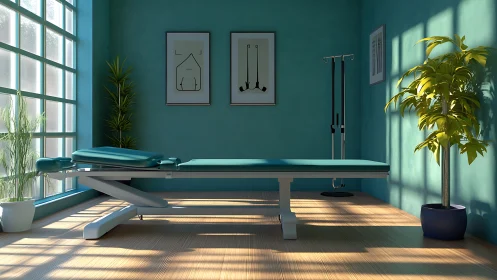 Sunlit minimalist treatment room rendered in clean 3D visualization