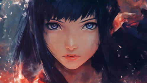 Storm-eyed ember witch gazes through painted twilight.