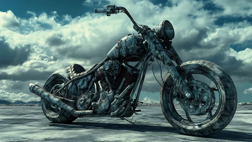 Weathered custom motorcycle rests on cracked salt flat