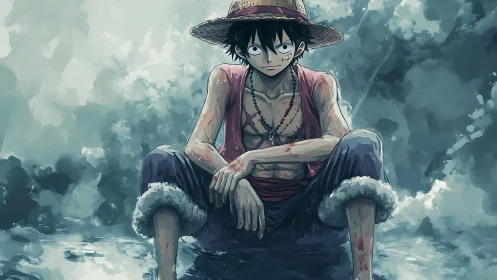 Weathered young pirate resting in a stormy blue seascape.