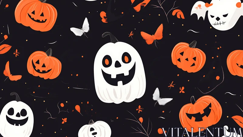 Halloween pumpkin pattern with smiling ghosts on black