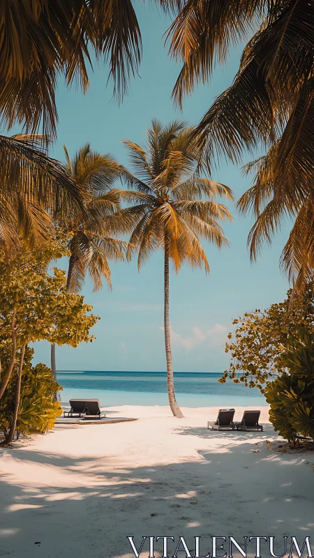 Tropical Beach Paradise. Palms Frame Turquoise Ocean.