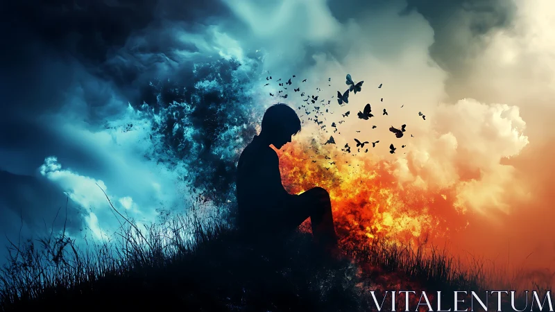 Silhouette on elemental ridge with bifurcated atmospheric turbulence.