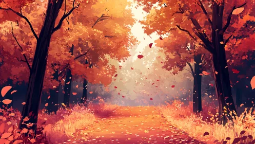 Autumn Forest Pathway: Digital Landscape with Atmospheric Leaf Dispersion.
