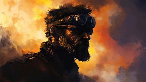Goggles of embers: lone wasteland wanderer in burning dusk.