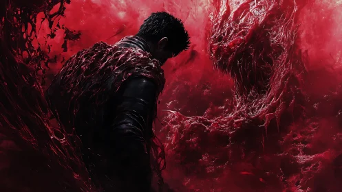 Bloodborne whisper: man confronting his crimson parasite.