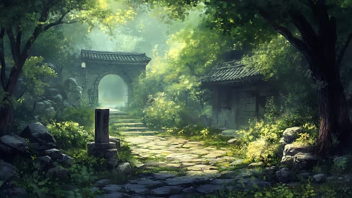 Sunlit stone path leads to a tranquil forest shrine gate.