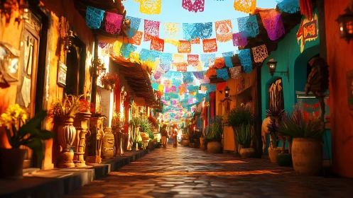 Digital painting of festive sunlit alley with papel picado banners.