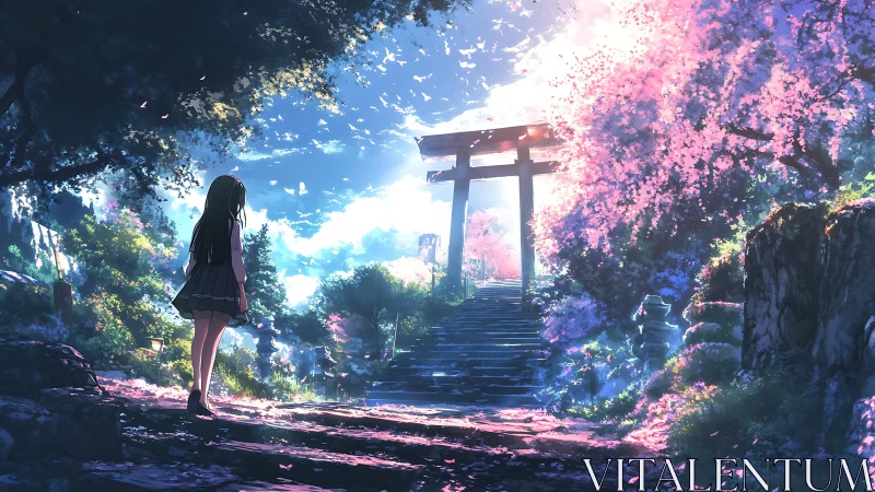 Sunlit shrine path invites a lone schoolgirl into spring