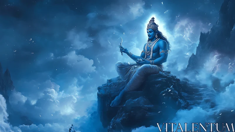 Serene blue deity seated amid luminous celestial mountain clouds