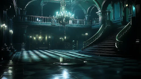 Gothic grand hall with sweeping staircase and eerie glow.