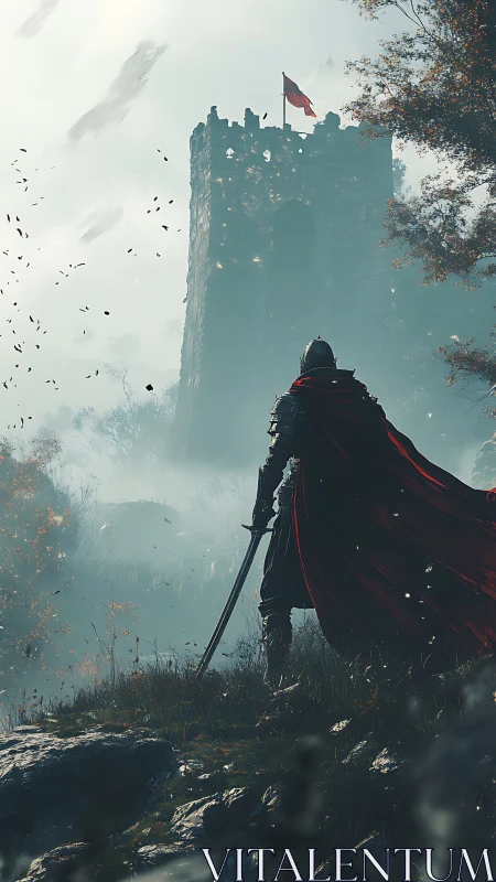 Lone armored knight confronts a mist-shrouded war-torn castle