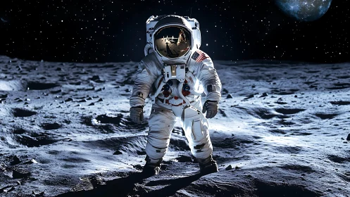 Lunar astronaut in EVA suit under stark directional lighting.