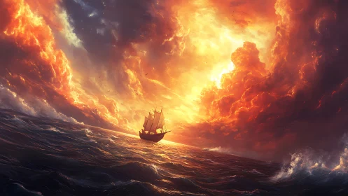 Storm-tossed galleon cuts blazing sunset ocean sky.