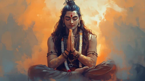 Meditating deity in orange and blue digital painting.