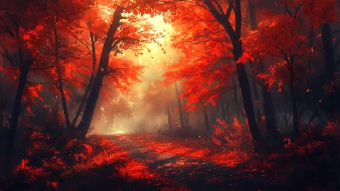 Autumn Forest Pathway with Red Foliage and Atmospheric Light
