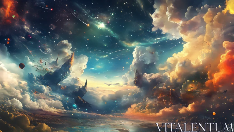 Expansive cosmic cloudscape with floating land structures.