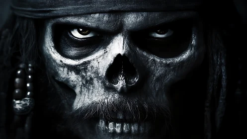 Intense skeletal pirate face in dramatic low key portrait.