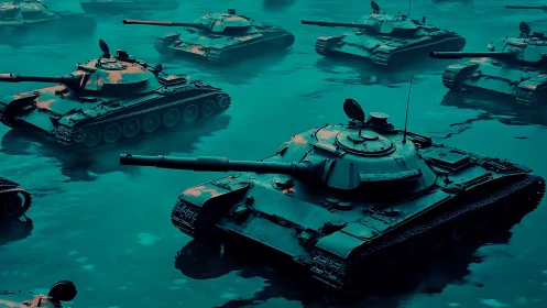 Armored battle tanks gathered on wet reflective terrain.