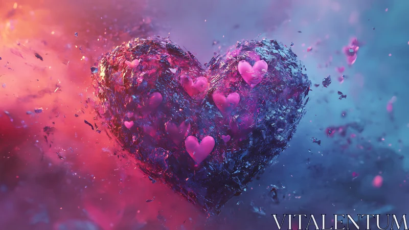 Luminous Heart Form: Iridescent 3D Sculpture with Dynamic Particle Dispersion.