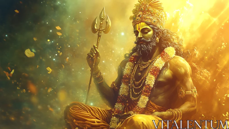 Divine warrior deity seated in golden ethereal light.