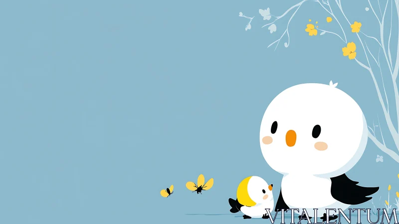 Cute parent and baby birds watching butterflies together.