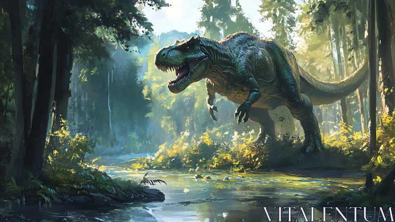 Roaring tyrannosaur stalking through a sunlit primeval forest.