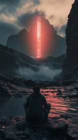Lone figure watches glowing monolith ignite a misty ravine