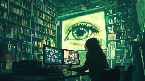Cyberpunk surveillance study in data-soaked library interior.