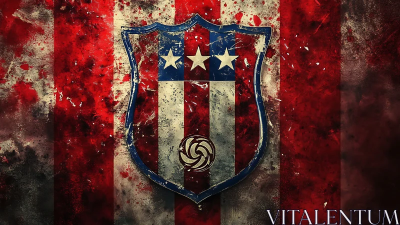 Battle-scarred shield crest on blood-red striped storm.