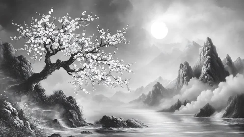 Moonlit blossom tree guarding mist-wrapped mountain river.