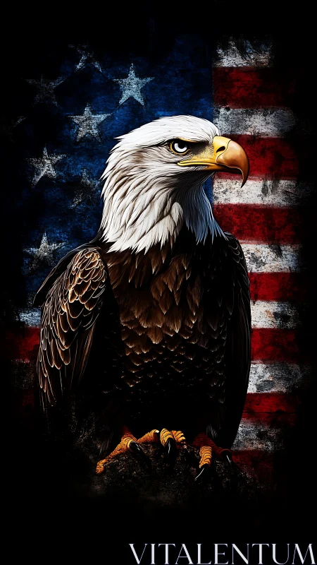 Hyper-detailed bald eagle overlaying distressed US flag graphic.
