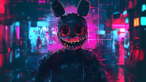 Glitching cybernetic rabbit avatar in neon alleyway haze.