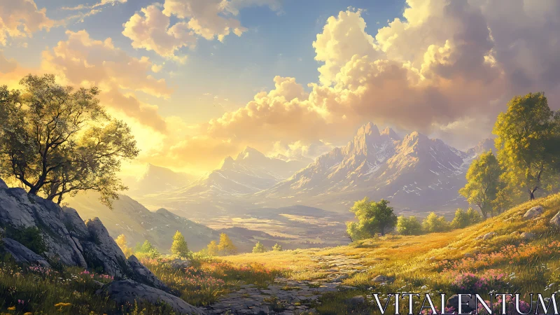 Sunlit mountain valley with wildflower meadow and rocky path.