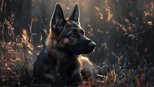 German shepherd rests in glowing twilight meadow light.