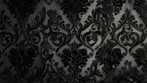 Black baroque damask pattern shows glossy raised foliage