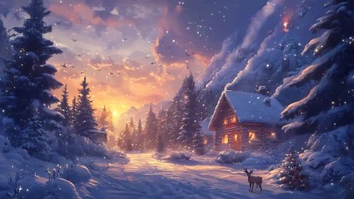 Radiant alpine winter cabin under volumetric dusk snowfall.