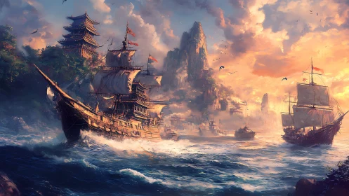 Sailing ships approach mountainous coastal stronghold port.