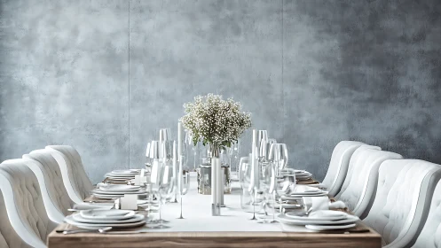 Minimalist formal dining table with white floral centerpiece decor