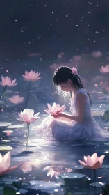 Young girl cradles glowing lotus on moonlit water garden