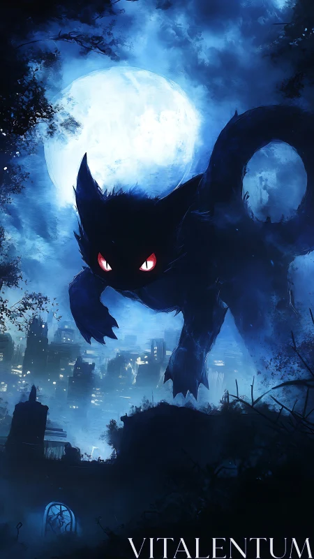 Moonlit spectral cat roaming above a quietly glowing city.