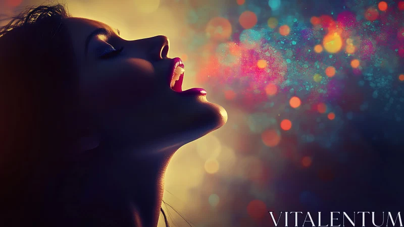 Silhouette profile breath releases prismatic bokeh mist