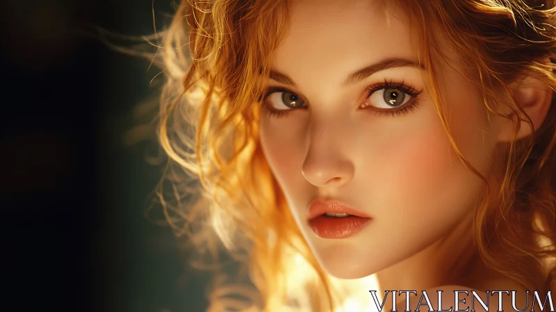 Close portrait of red-haired woman in warm light.