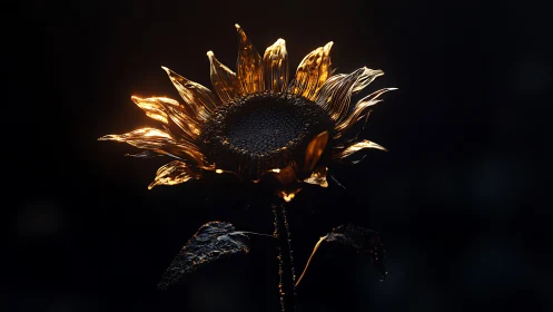 Backlit metallic sunflower rendered against dark field.