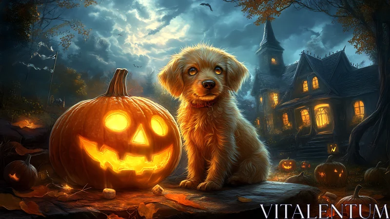 Golden puppy and jack-o-lantern glow animate a haunted yard