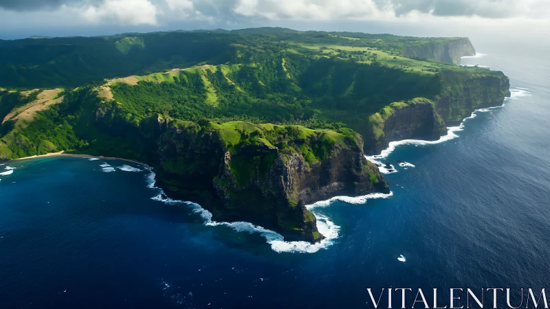 Aerial composition of volcanic coastal cliffs with dense vegetation and wave erosion patterns