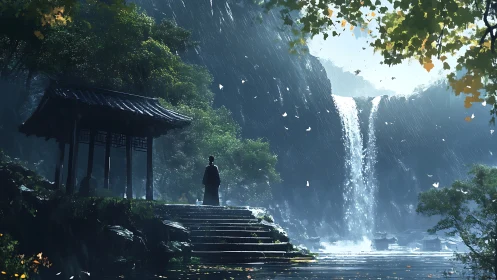 Solitary figure beside mountainside waterfall in rain-soaked pavilion.