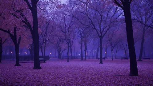 Purple-hued foggy park at dusk renders atmospheric depth