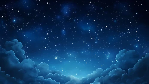 Starry blue night sky above layered soft clouds.